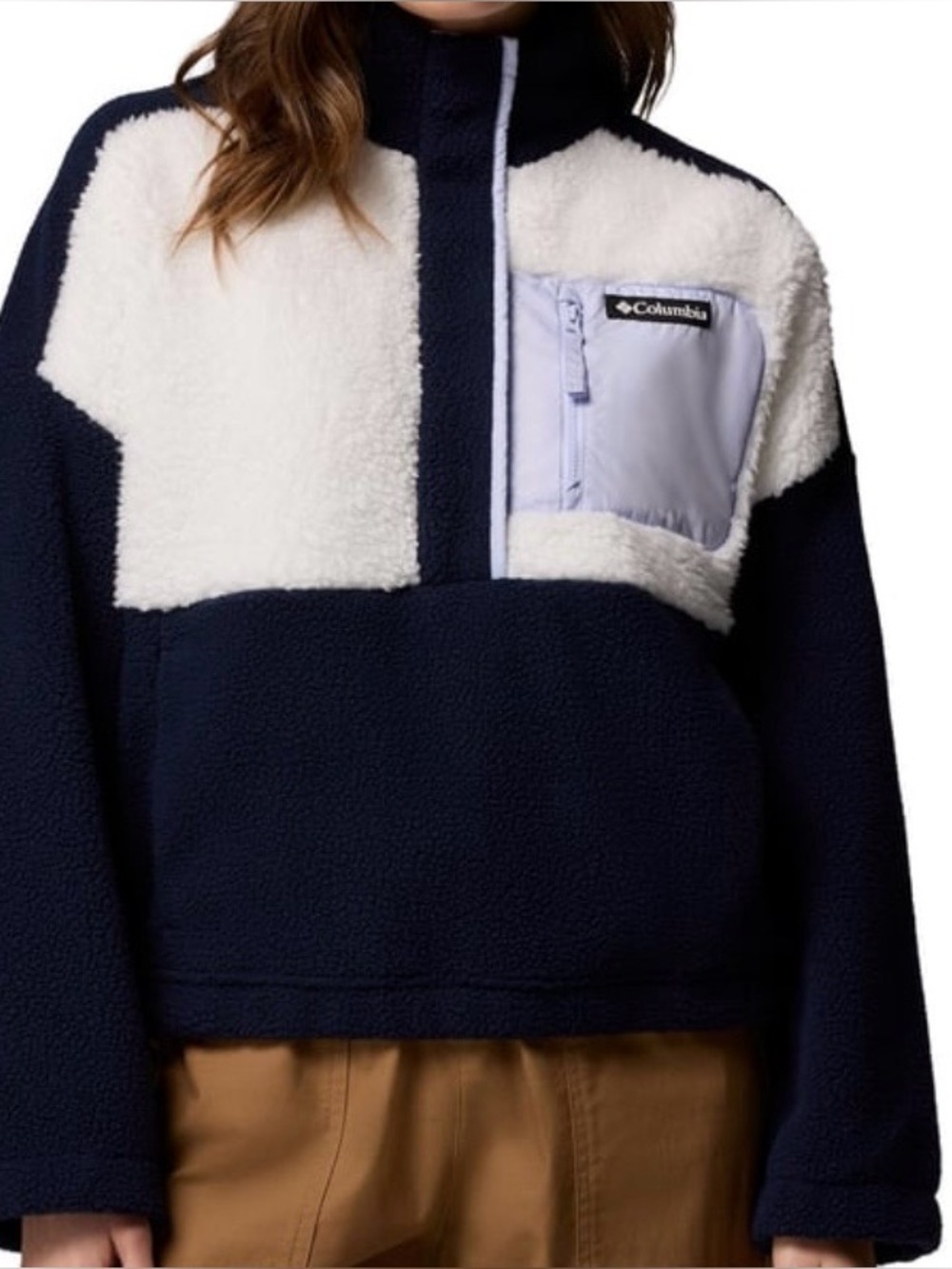 Columbia Navy, White & Sherpa Quarter-Snap Cropped Pullover Women’s M